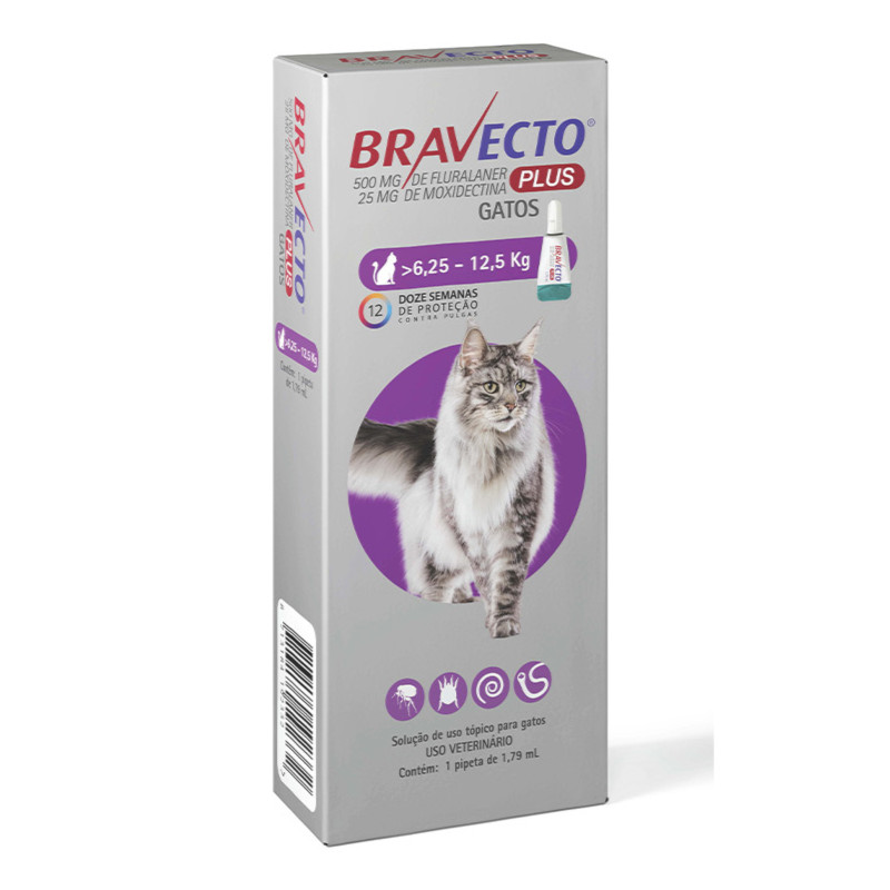 Antipulgas Transdermal Bravecto Plus 500mg/1,79ml para Gatos de 6,25kg até 12,5kg - Pets