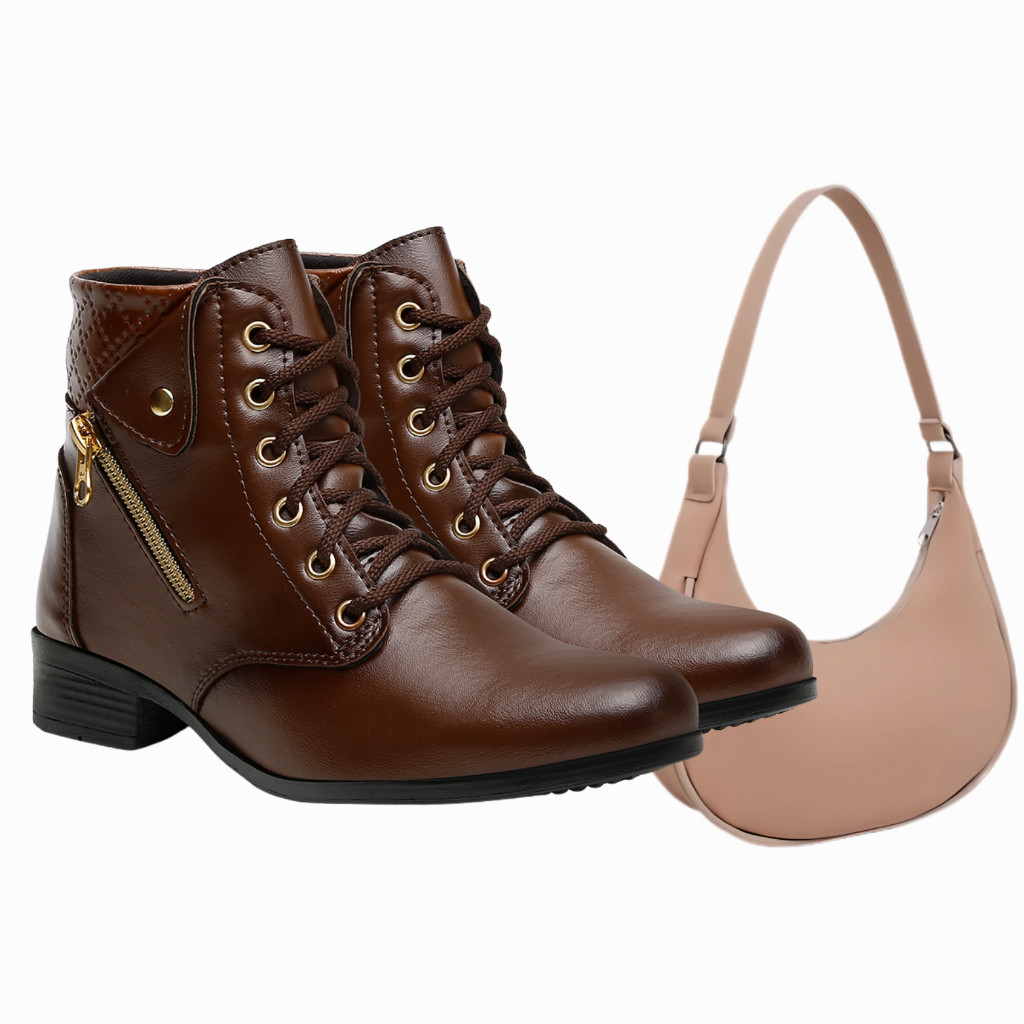 Kit Bota Feminina Couro Ecológico Coturno Fechamento em Cardaço + Bolsa de Brinde Envio Rápido