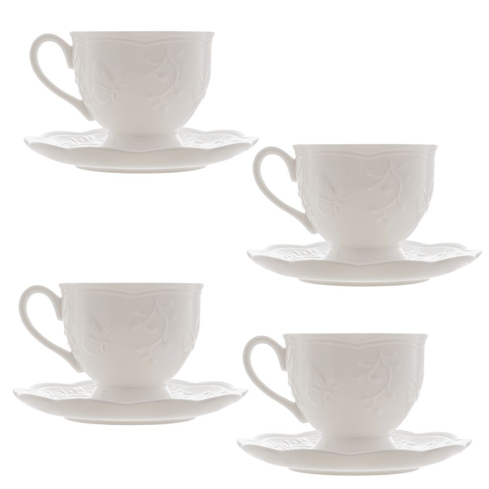 Jogo 4 Xícara de Café com Pires em Porcelana New Bone Butterfly Borboleta e Flores 100ml Lyor