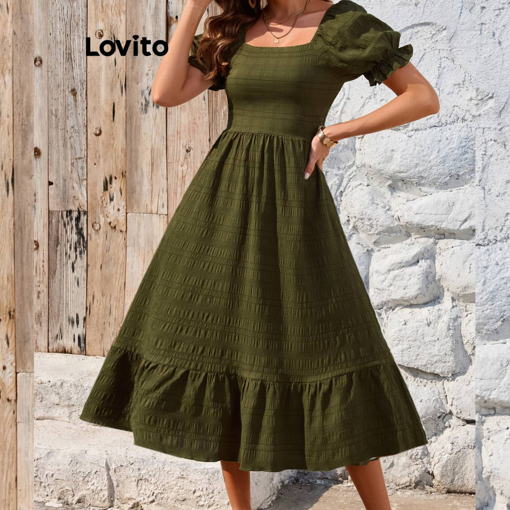Lovito Vestido Boho liso com bainha em camadas e mangas bufantes para mulheres  LBL19072