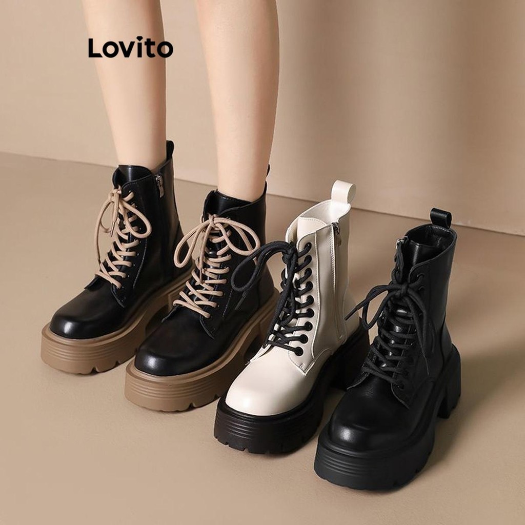 Lovito Botas de salto alto com cadarço liso e sola grossa Colorblock British Fashion para mulheres LFA46382 - Women Shoes