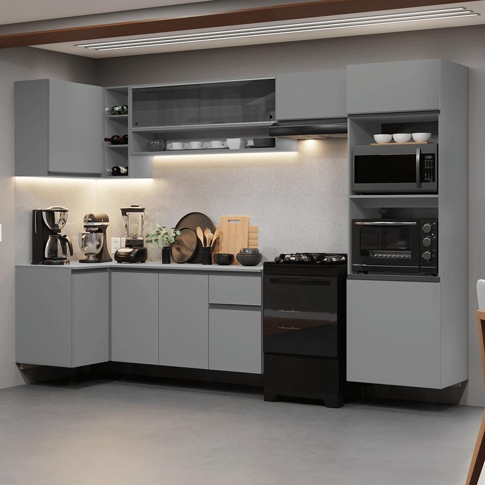 Armário de Cozinha Completa de Canto Suspenso 385cm Cinza Nice Madesa 02 em Oferta na Shopee