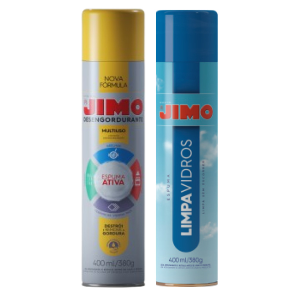 Kit Jimo Desengordurante E Limpa Vidros 2x400ml Espuma de Limpeza Ativa Sem Manchas