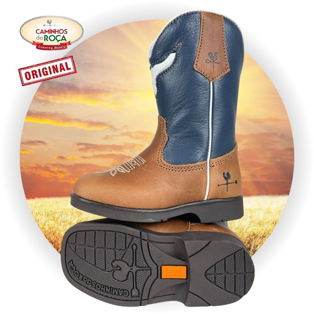 Bota Texana Infantil Caminhos Da Roça Bico Quadrado Com Zíper P/ Criança De Couro