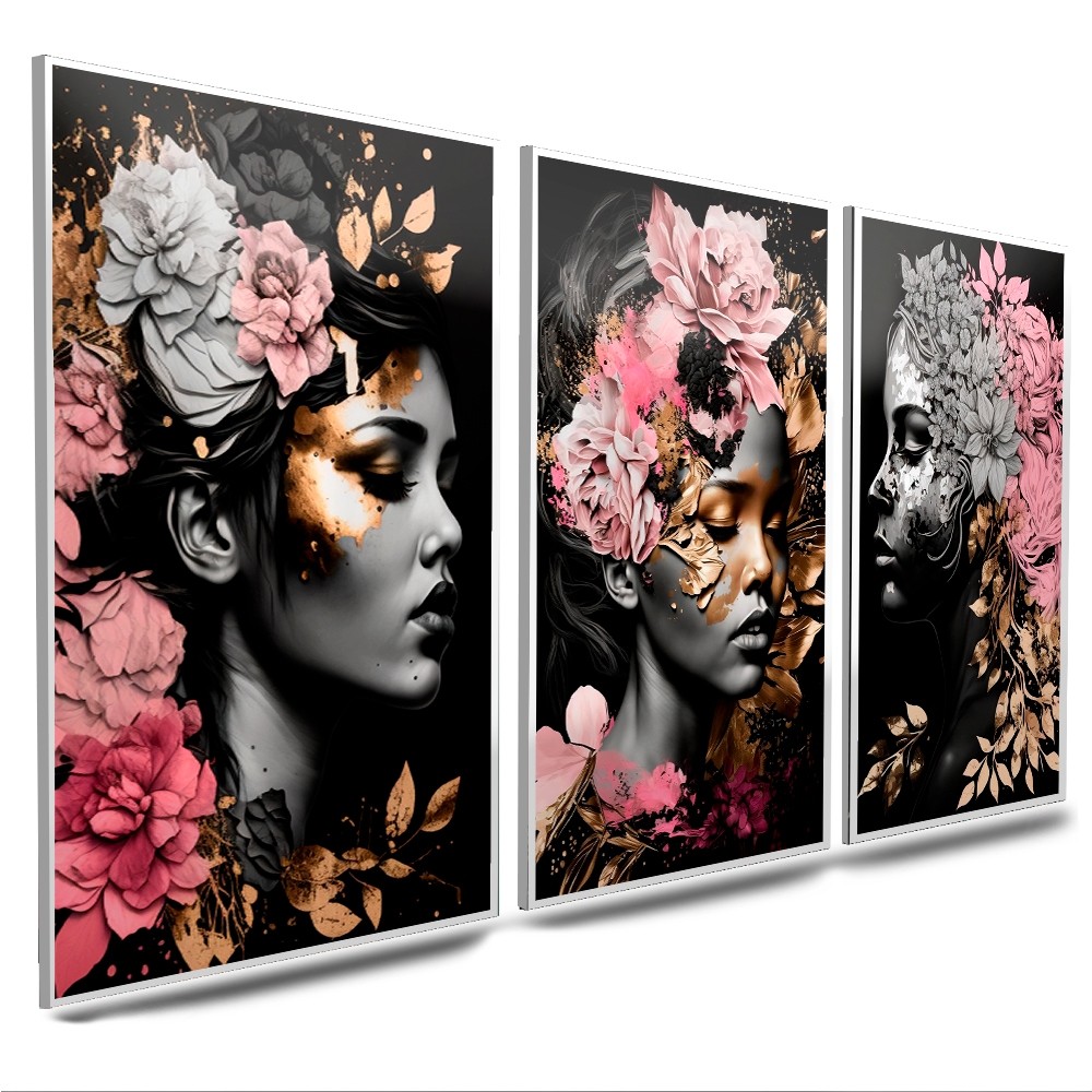 Kit quadros decorativos 3 peças salão de beleza mulheres flores rosa luxo fundo preto em Oferta na Shopee
