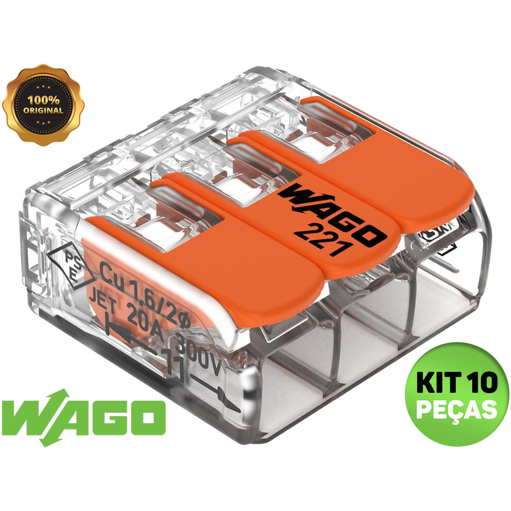 Kit 3, 5, 10 e 20 Conector Elétrico 221-613 Emenda Wago 3 Vias 41A Original 6mm² Fio Chuveiro Tomada