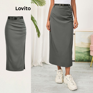 Lovito Elegante Saia Feminina Lisa Plissada Assimétrica com Fecho Traseiro LBL09111