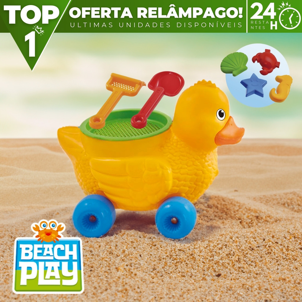 Brinquedo Pato Balde Baldinho de Praia c/ Acessórios Forminhas e Rastelo