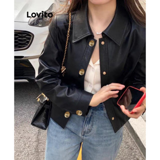 Lovito Casual Jaqueta Feminina Lisa Básica com Botão Frontal de Metal LNE35009 (Preta)