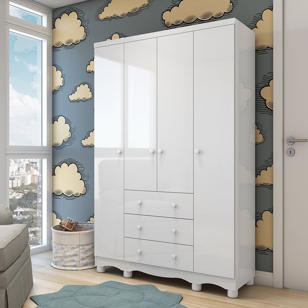 Guarda Roupa Infantil 4 Portas 3 Gavetas 100% MDF Mimo Branco/Brilho - Home & Living