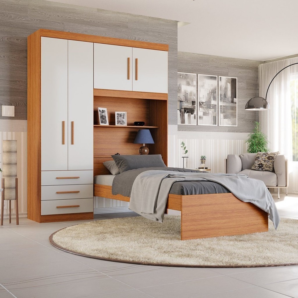 Guarda-roupa Solteiro com Cama Solteiro 4 Portas 3 Gavetas Advantage Freijó/Off White - Home & Living