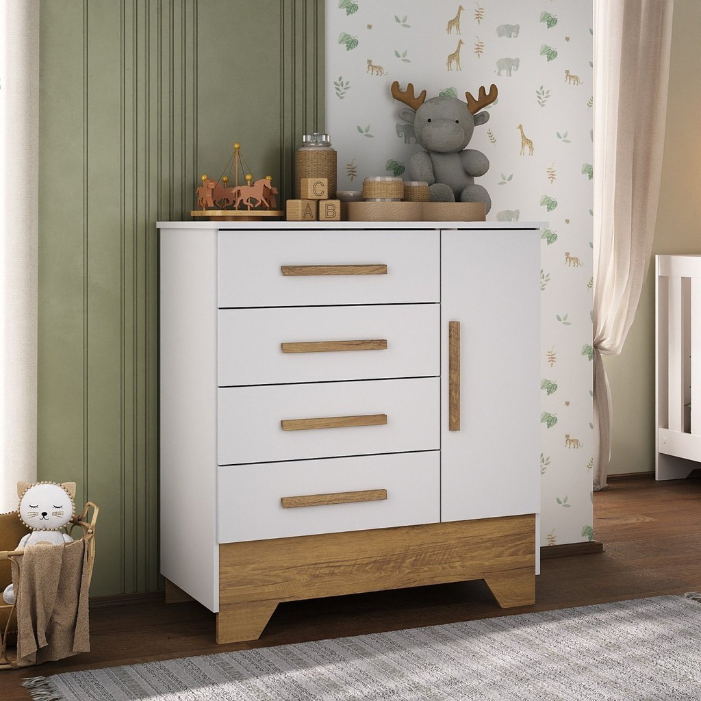 Cômoda Infantil 1 Porta e 4 Gavetas Tic Tac Branco Fosco/Nature - Home & Living