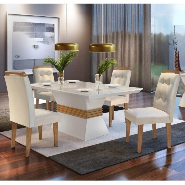 Conjunto Sala de Jantar Mesa 4 Cadeiras Luísa Espresso Móveis Veludo Creme/Off White/Imbui...