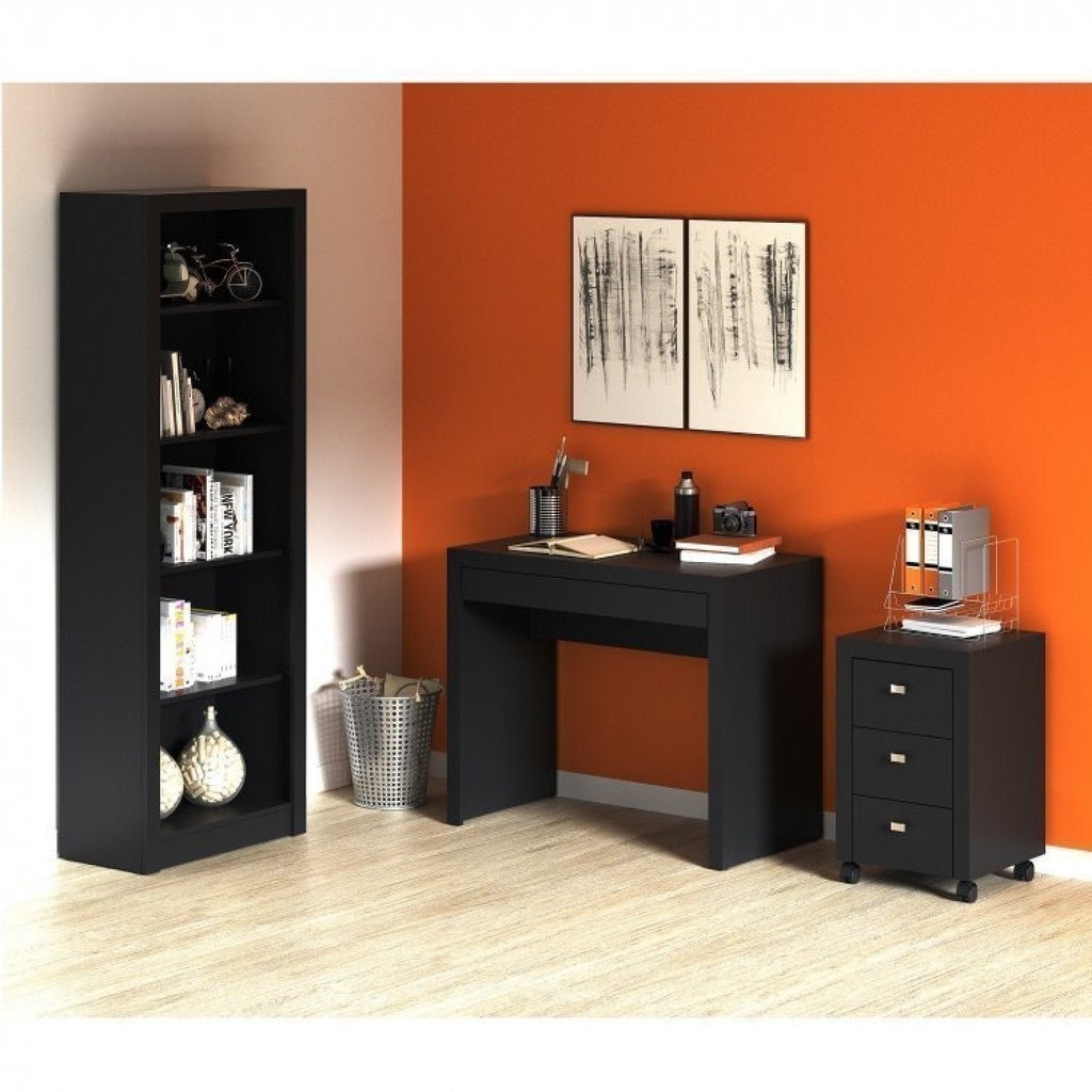 Conjunto 3 Peças com Escrivaninha 1 Gaveta, Estante Livreiro e Gaveteiro 3 Gavetas Preto Preto