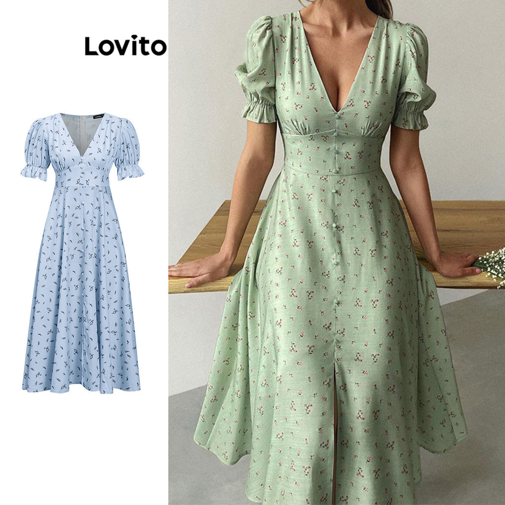 Lovito Casual Vestido Feminino Floral com Bainha Enrugada e Botão Frontal LNE31054 (Verde)