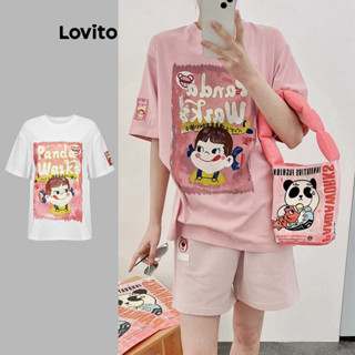 Lovito Camiseta De Tamanho com Estampa De Letras de Desenho Animado para Mulheres LNE17060 (Multicolorido)