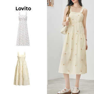 Lovito Casual Vestido Feminino Floral Drapeado de Algodão com Girassol Bordado L52AD074 (Multicolorido)