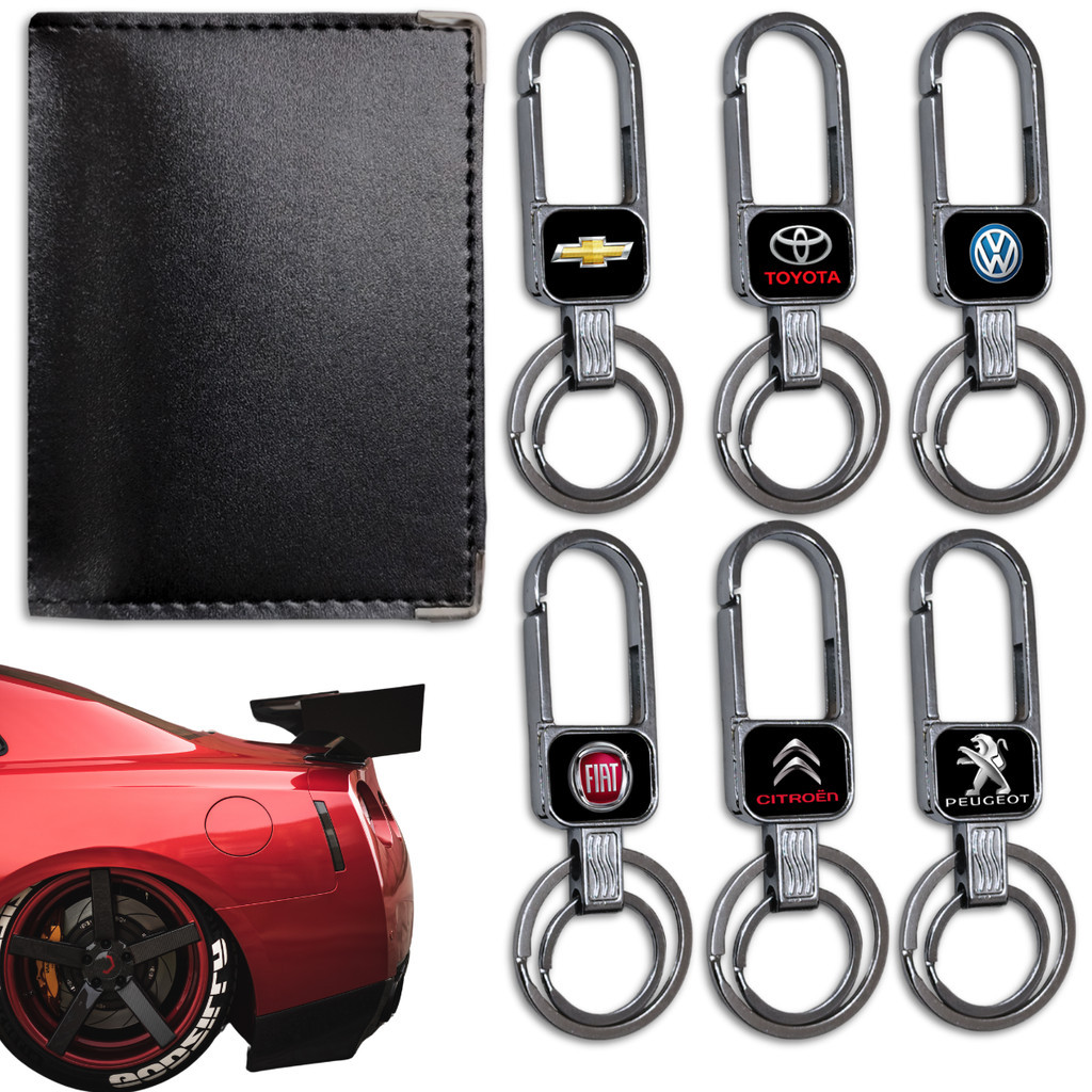 Chaveiro Automotivo Metal Mosquetão Porta Documento Couro Liso Carro Kit Tunning