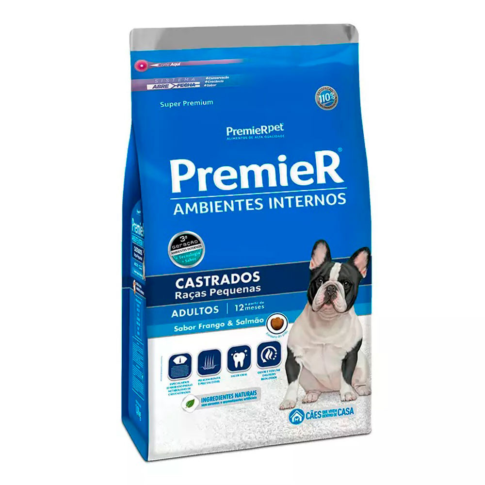 Ração Premier Ambientes Internos Cães Adultos Castrados Raças Pequenas Frango e Salmão 12Kg em Oferta na Shopee