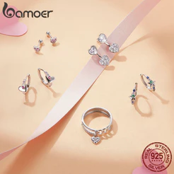 Brincos Bamoer 925 Sterling Sliver Stud Em Forma De Coração Jóias Arco-Íris Para Mulheres