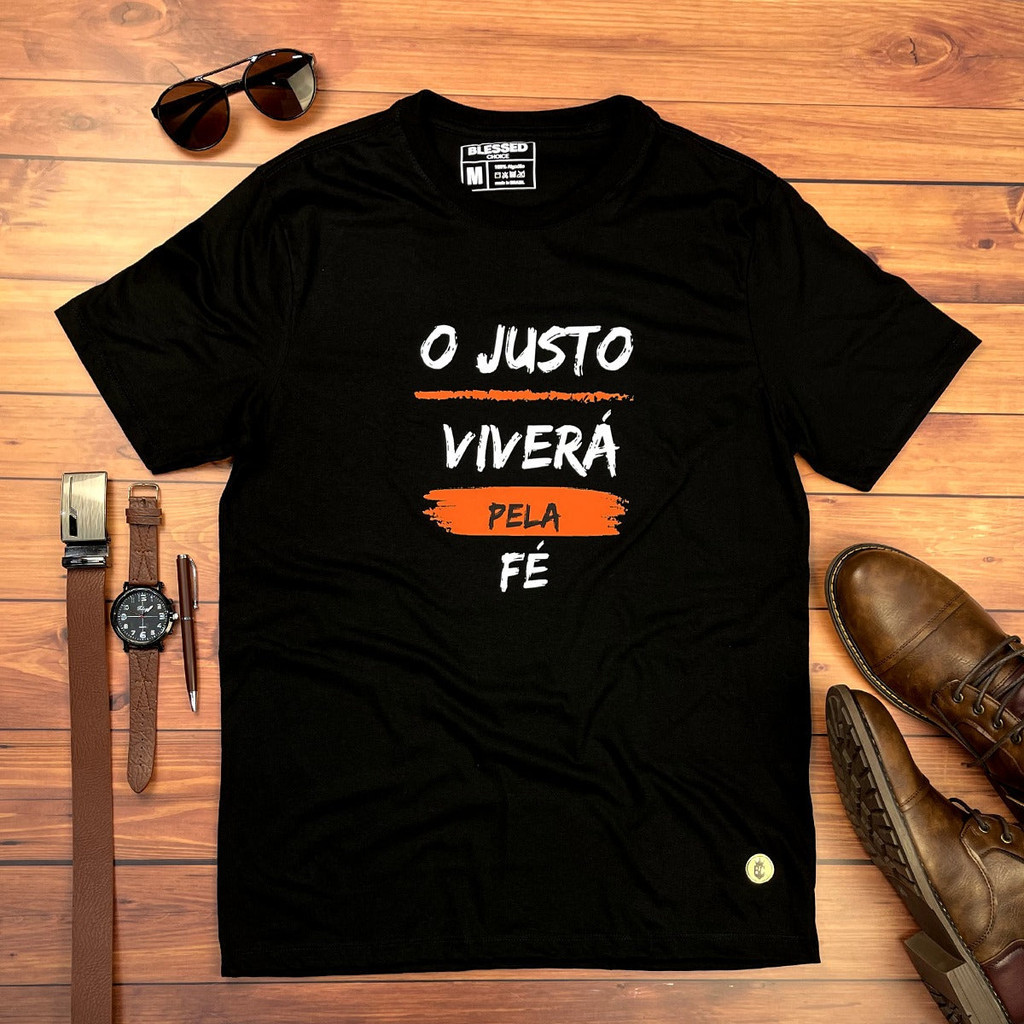 Camiseta Masculina Preta O Justo Viverá Pela Fé Regular Fit Algodão Premium Gospel Cristã Evangélica em Oferta na Shopee