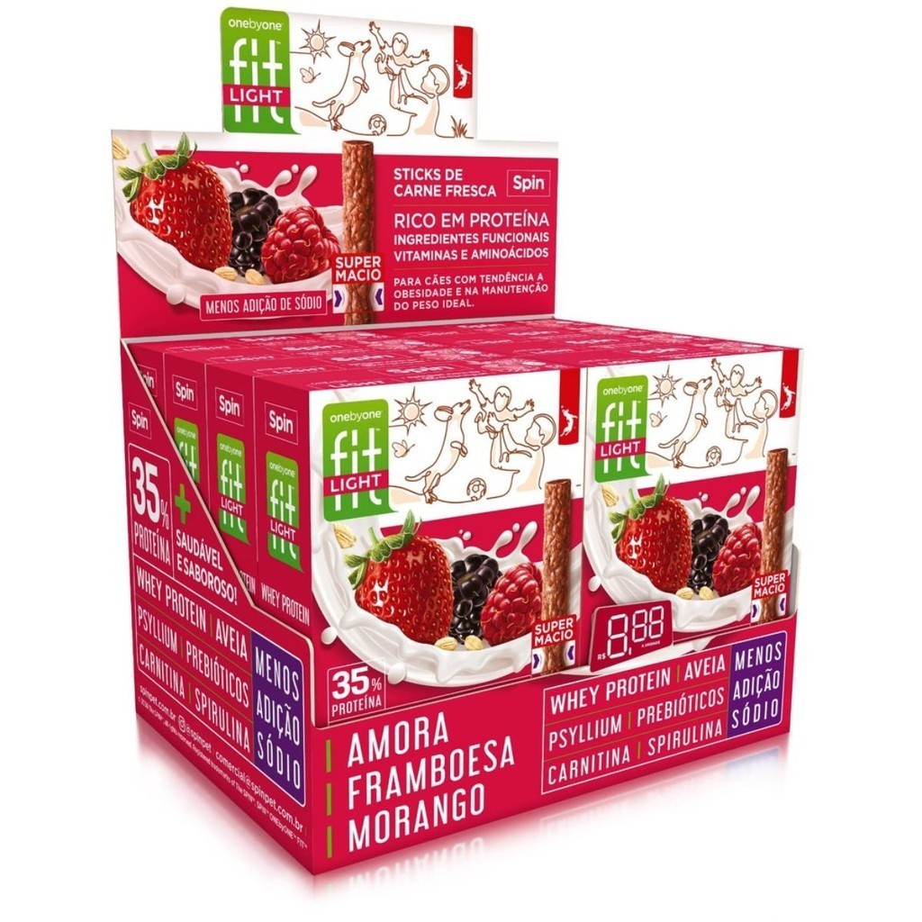 Kit 8 Petisco Stick Fit Spin Pet Light Amora, Framboesa e Morango 50g para Cães