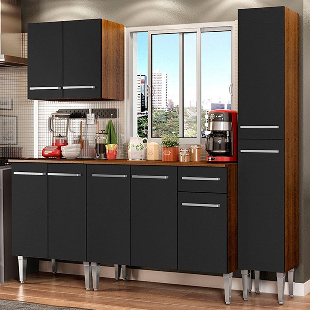 Cozinha Completa Madesa Emilly Sing com Armário, Balcão e Paneleiro - Rustic/Preto em Oferta na Shopee