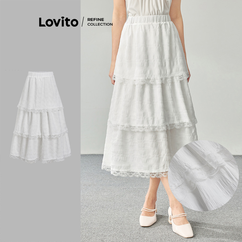 (Lovito Refine) Saia de renda lisa fofa em camadas para mulheres LR1ED031 - Women Clothes