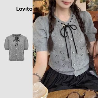 Lovito Blusa de malha com amarração frontal e botões lisos para mulheres L122AD017 em Oferta na Shopee