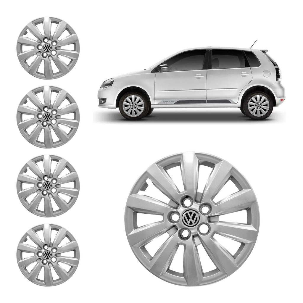 Jogo Completo Calota Vw Polo 2010 Até 2014 Aro 14 - 5 Furos + Emblema Resinado Volks Alto Colante