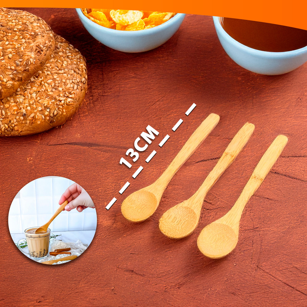 Kit 3 Colheres De Bambu Sopa Pequenas 13CM Geléia Mel Açucar Sal