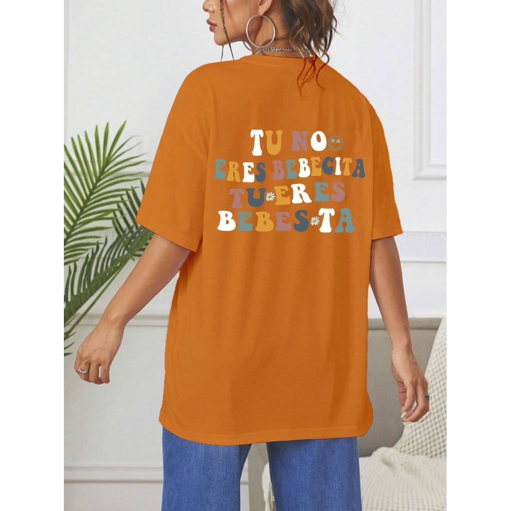 Camiseta Oversized Laranja Estampado Colorido Florida Tumblr Blusa Casual Feminina Oversized