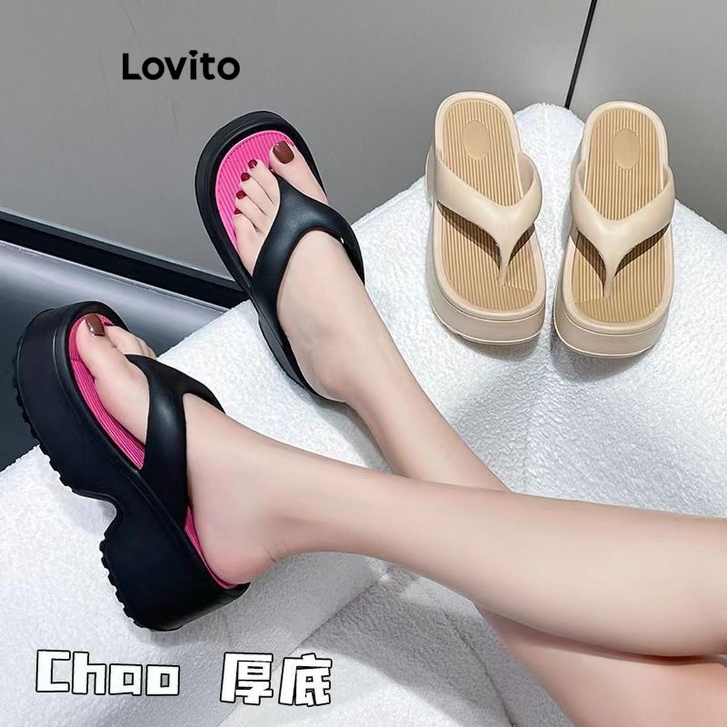 (Trendy) Lovito Casual liso Colorblock Ins macio antiderrapante sandália plana para mulher LFA70161 - Women Shoes