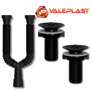 Sifão Sanfonado Duplo Flexível Válvula de Pia Tanque/Lavatório PVC Preto S/Ladrão Abs Sifão Valvula