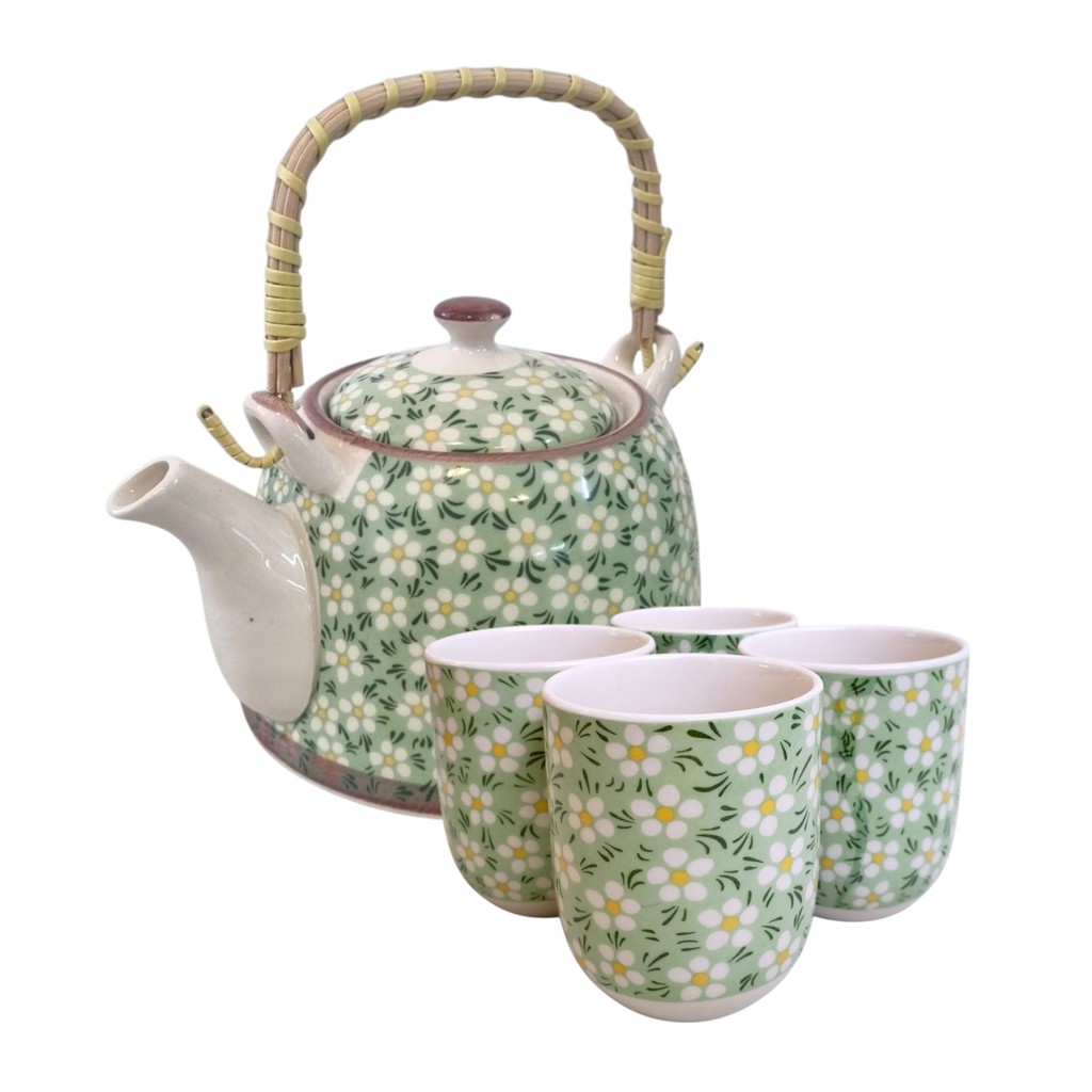 Bule de Chá Com Alça Madeira 4 Copos Xicara Caneca Porcelana