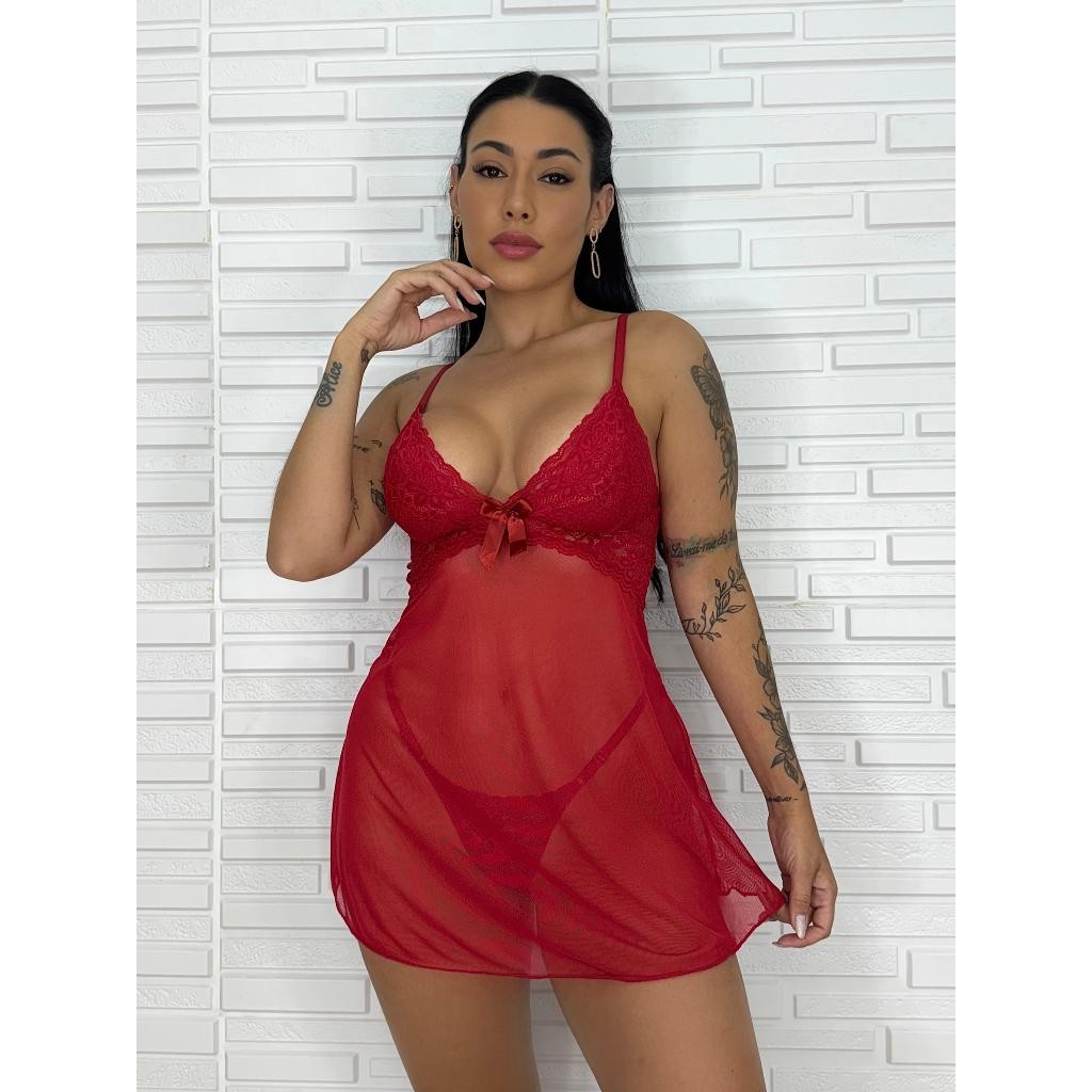 Camisola Tule Transparente Com Calcinha Sereia Luxo Pijama Feminino