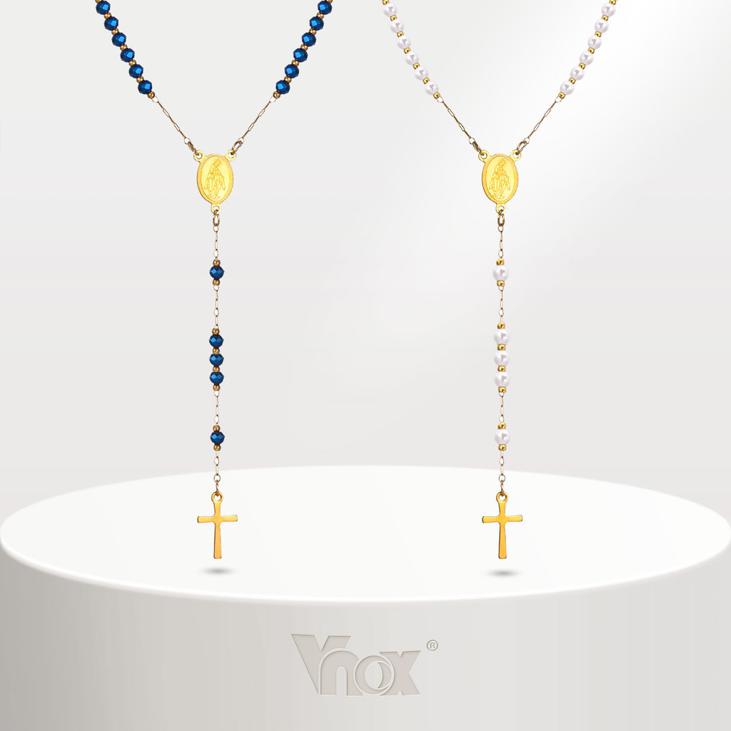 Vnox Virgem Maria Cross Beads Long Necklaec Para Menina , 18K Gold Lords Oração Religiosa Fé Jóia Presente