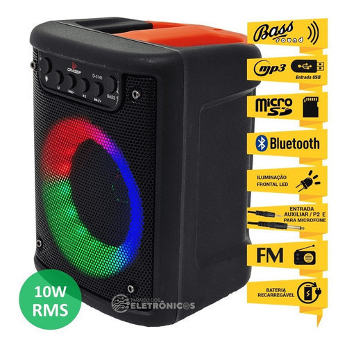 Caixa De Som Bluetooth 10w Luz Led Entrada Pendrive D-3141