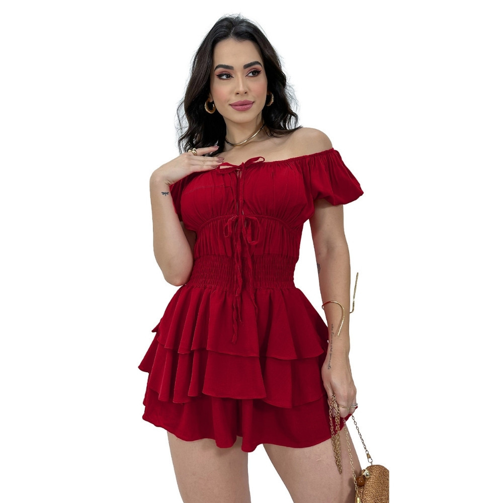 Macaquinho Curto Feminino Ciganinha Babado Camadas Lastex