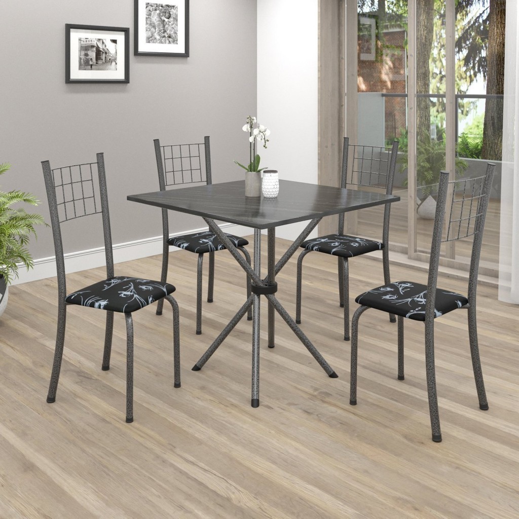 Conjunto de Mesa Tubular 70x70cm Tampo em Ardósia com 4 Cadeiras Dany  Preto Floral/Martelado Prata/Ardósia Indiano