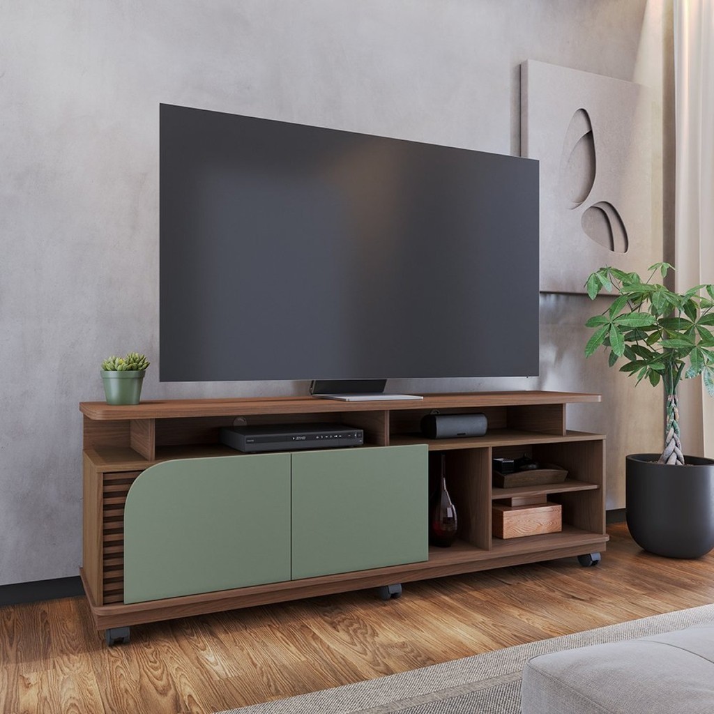 Rack para TV até  75 Polegadas com Rodízio 2 Portas Jurere 180cm Freijó/Verde - Home & Living