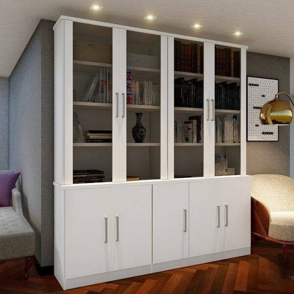 Estante de Livros 9 Portas e Portas Superiores Vidro Fumê Branco