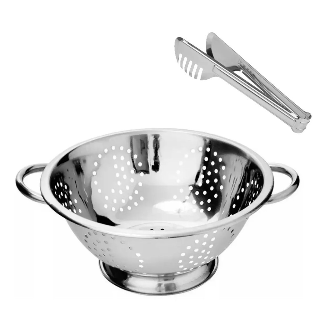 Kit Escorredor Premium 24 cm + Pegador Macarrão Massa Inox Utensílio Cozinha