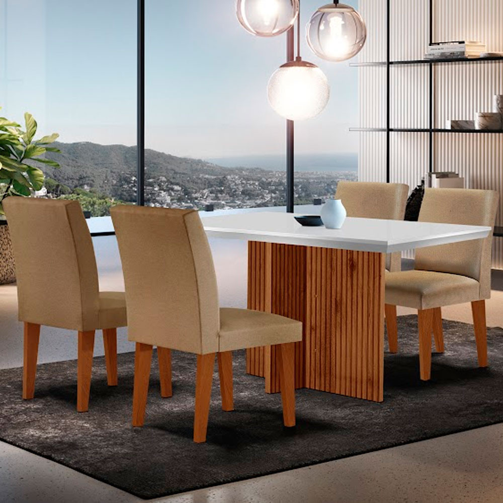 Sala de Jantar Mesa Olimpia 120 MDF Canto Copo com 4 Cadeiras Grecia - Home & Living