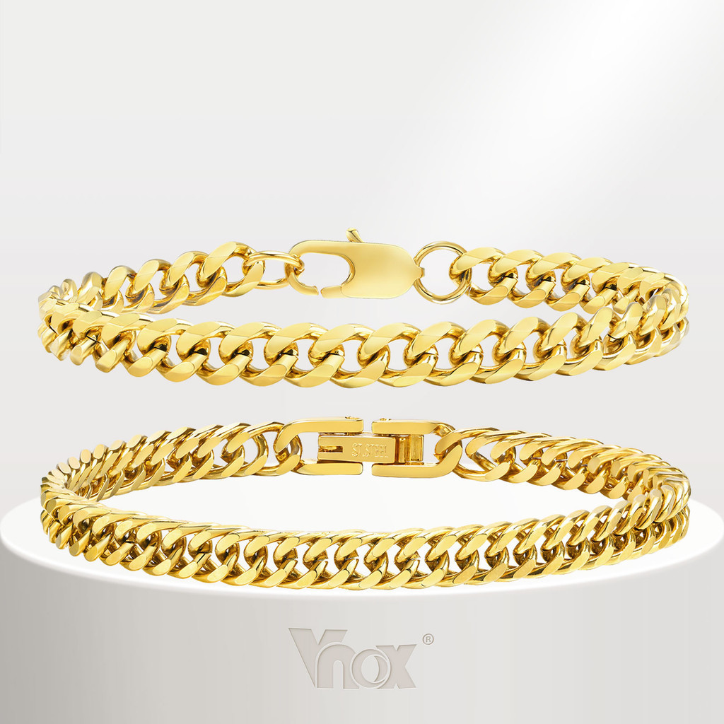 Vnox Pulseira De 2 Peças Conjunto Cubano De Corrente Para Mulheres , Fivela De Cabeça De Cavalo Com Ouro 18K Homens Jóias em Oferta na Shopee