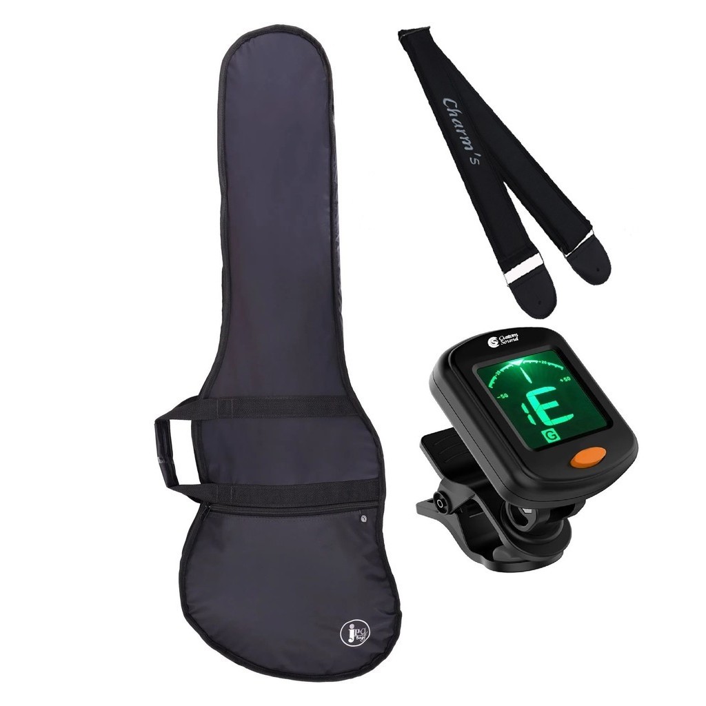 KIT CAPA BAG ACOLCHOADA CONTRA BAIXO RESISTENTE ALÇA DUPLA + AFINADOR DIGITAL E CROMADO + CORREIA
