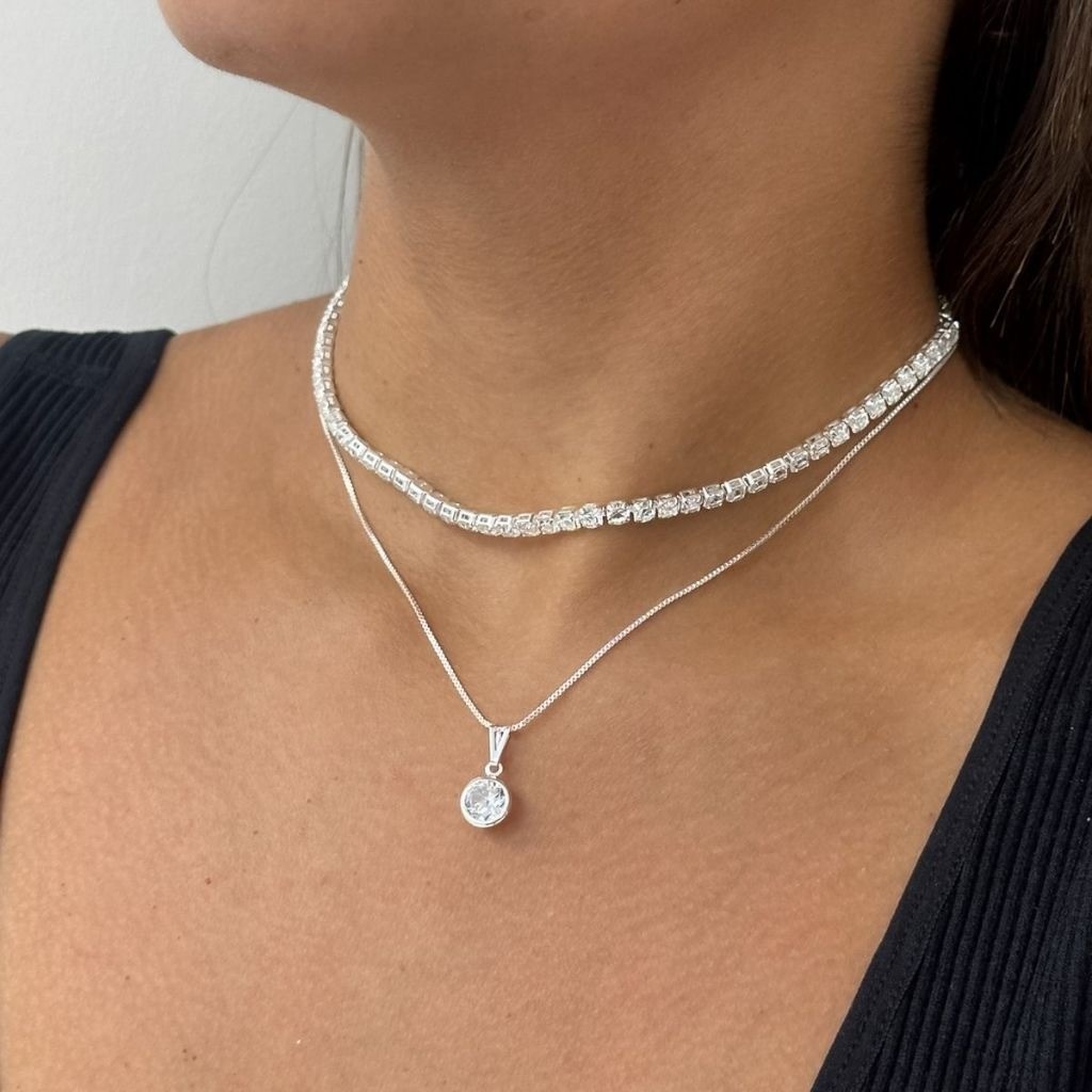 Choker Riviera Cristal + Colar Ponto De Luz Prateado