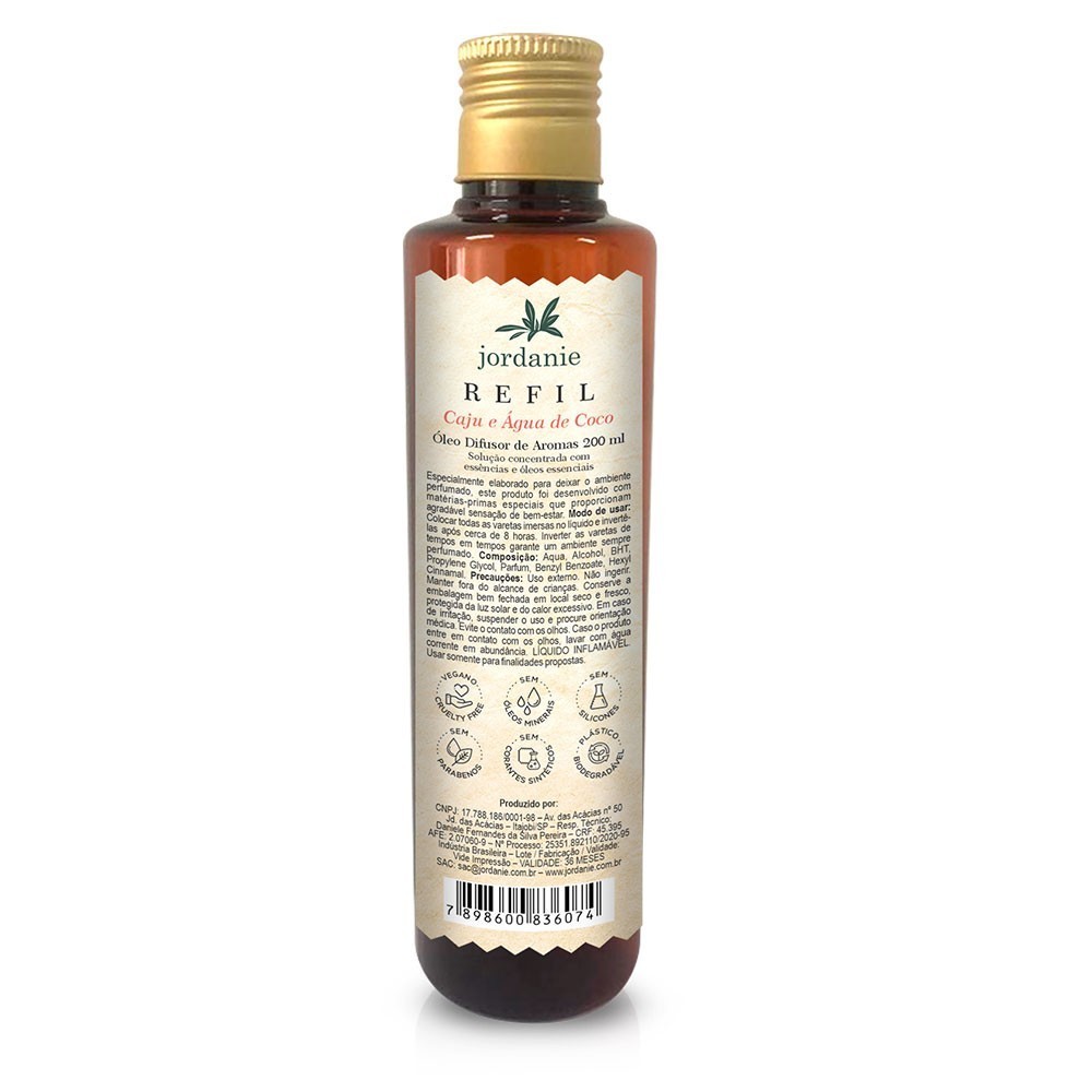 Refil Óleo Difusor Caju e Água de Coco 200 ml Jordanie