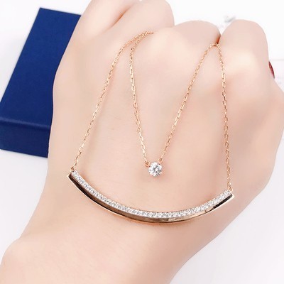 [Preço De Venda de Desconto de Estoque Pronto] Swarovski Colar de Dupla Camada Smiley Fresco Colar de Dupla Camada Sorriso Colar de Diamante Simples Colar de Ouro Rosa Conjunto de Dupla Camada Corrente de Cristal Clavícula Corrente de Cristal Presente Red