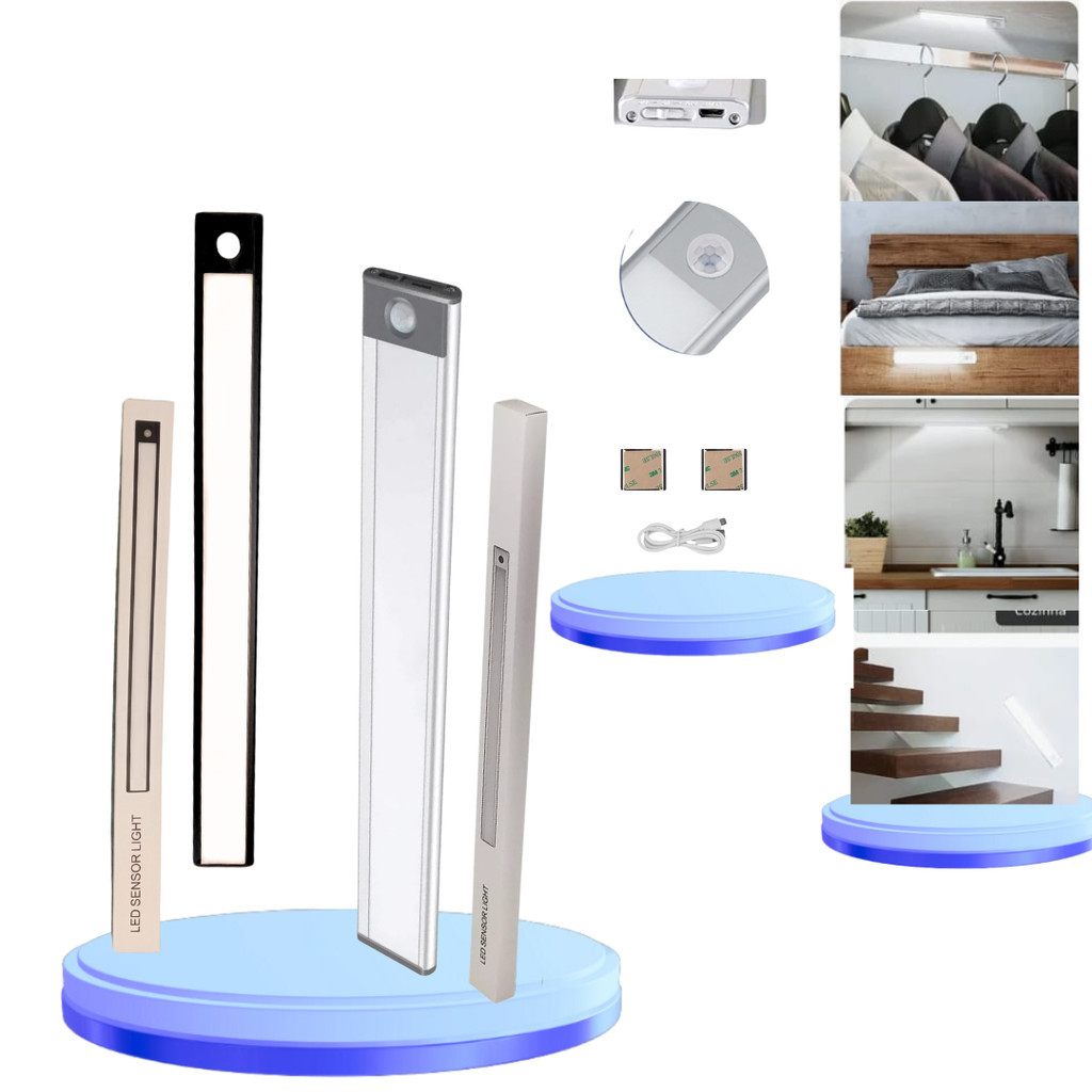 Luminária Barra De Led Sensor Presença Recarregável Com Cabo USB Pratado /Preto Para Armário,Cama ,Guarda-roupa 40cm